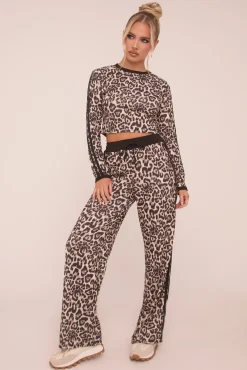 Rebellious Fashion Black Leopard Print Crop Top & Straight Leg Trousers Co-ord Set - Kurt