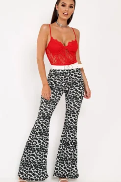 Rebellious Fashion Black Leopard Print Flare Trousers - Brena