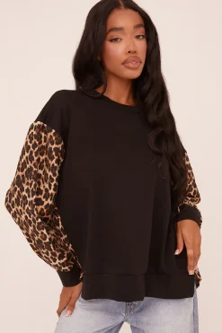 Rebellious Fashion Black Leopard Print Long Sleeve Oversized Top - Anolah