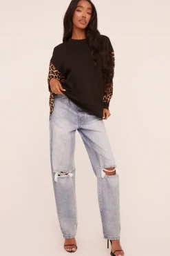 Rebellious Fashion Black Leopard Print Long Sleeve Oversized Top - Anolah
