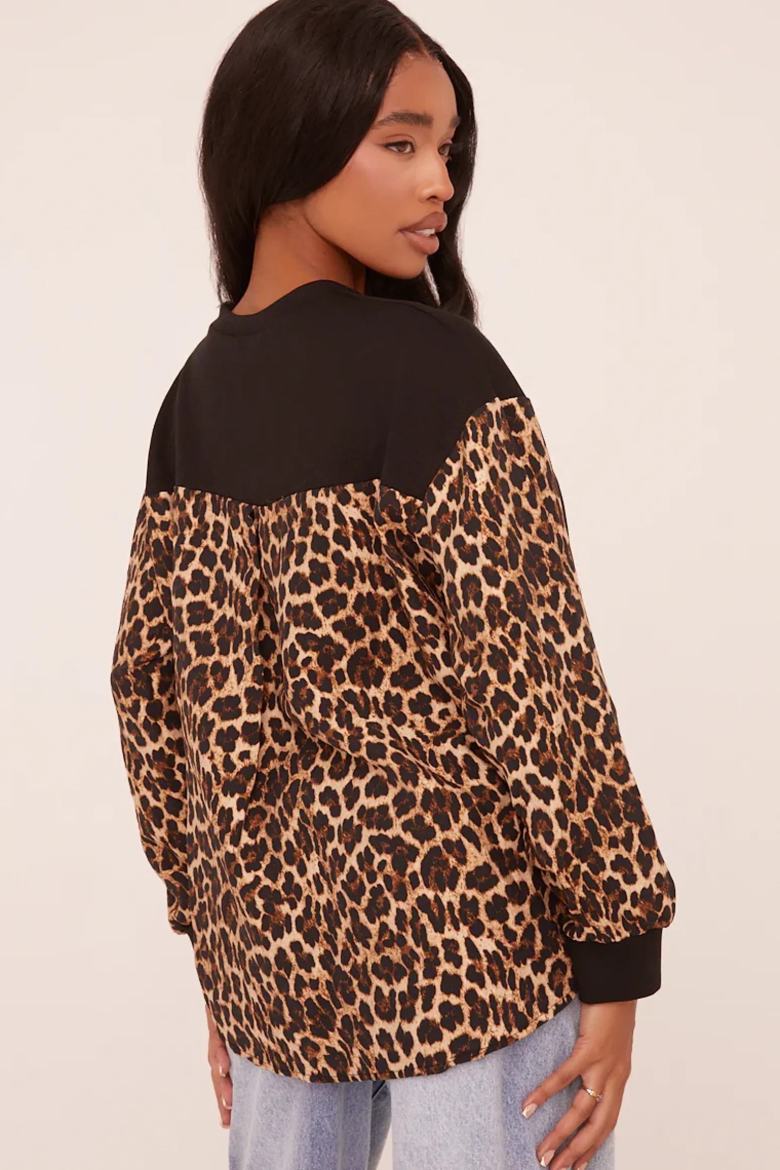 Rebellious Fashion Black Leopard Print Long Sleeve Oversized Top - Anolah