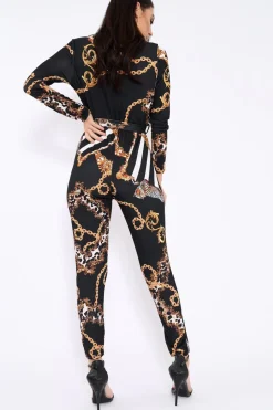 Rebellious Fashion Black Leopard Print V-Plunge Jumpsuit - Talise