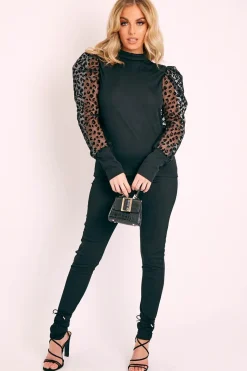 Rebellious Fashion Black Leopard Puff Sleeve Top and Leggings Co-ord - Ursula