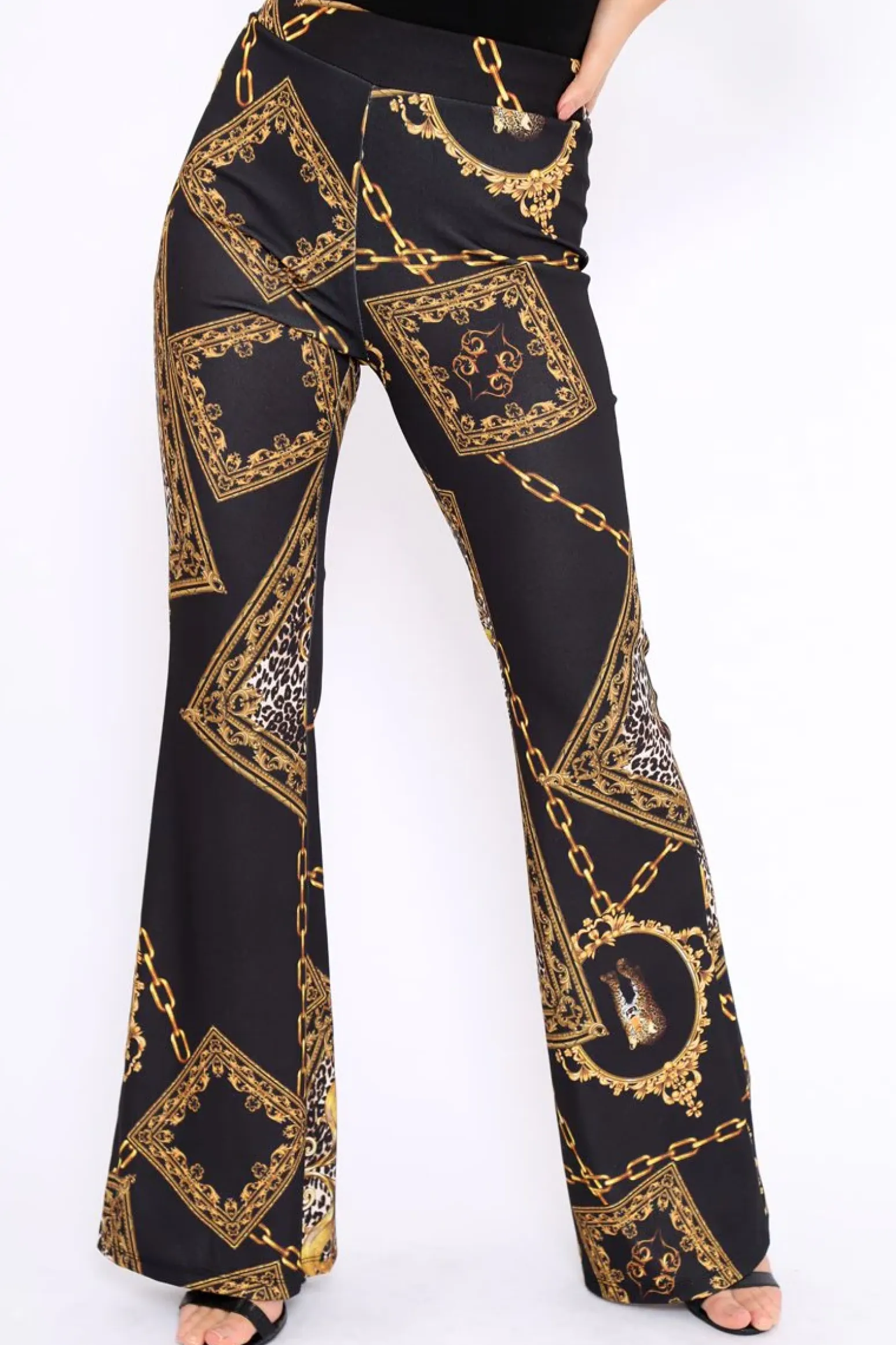 Rebellious Fashion Black Leopard Scarf Print Wide Leg Trousers - Nolia