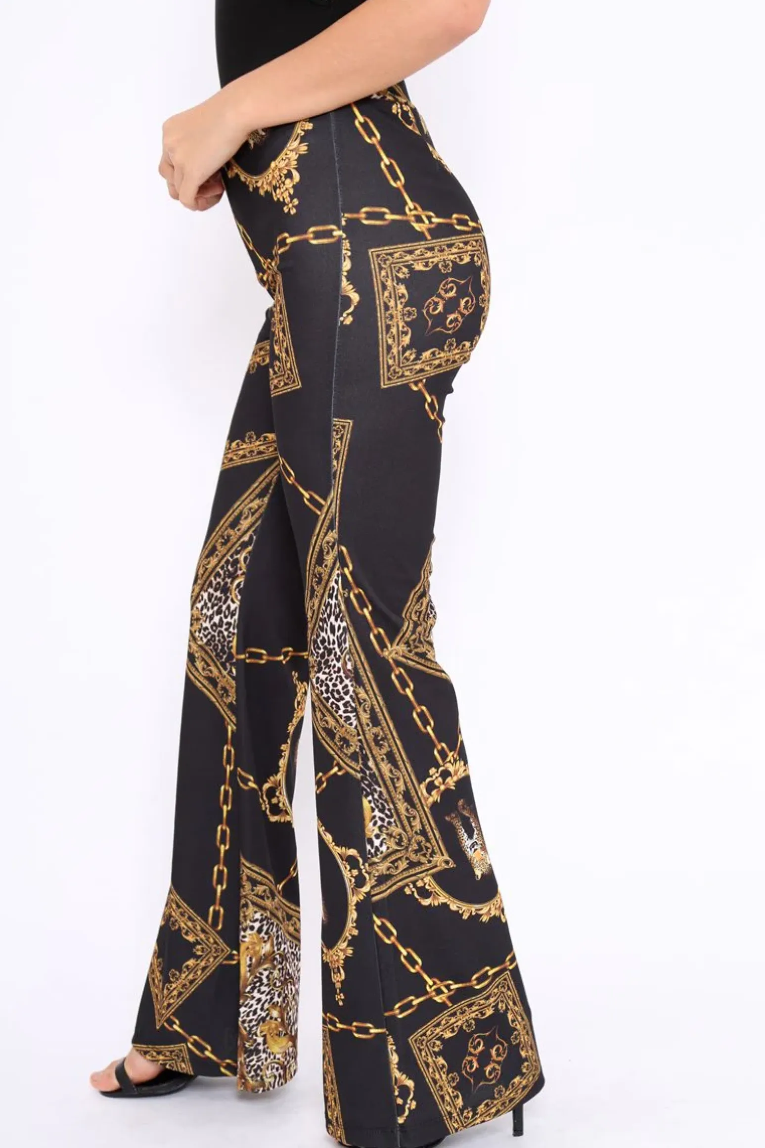 Rebellious Fashion Black Leopard Scarf Print Wide Leg Trousers - Nolia