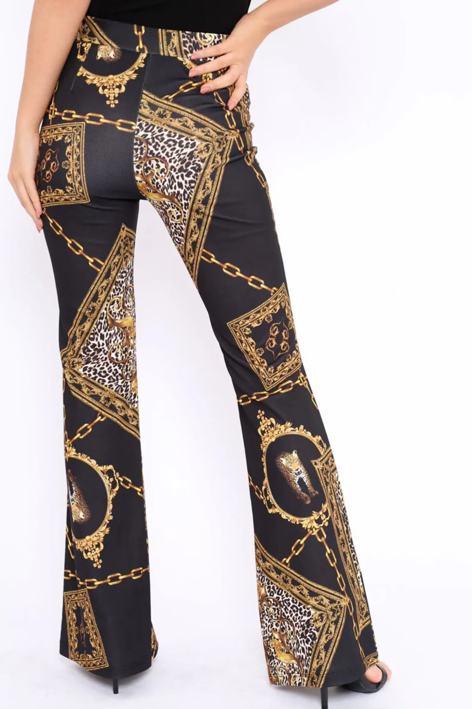 Rebellious Fashion Black Leopard Scarf Print Wide Leg Trousers - Nolia