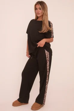 Rebellious Fashion Black Leopard Trim Oversized T-shirt & Straight Leg Joggers Loungewear Set - Elizabeth