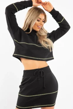 Rebellious Fashion Black Lime Contrast Stitch Crop Jumper Skirt Co-ord - Keva