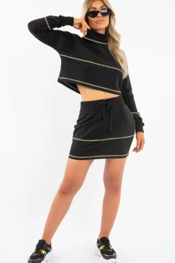 Rebellious Fashion Black Lime Contrast Stitch Crop Jumper Skirt Co-ord - Keva