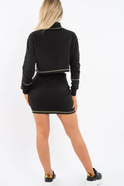 Rebellious Fashion Black Lime Contrast Stitch Crop Jumper Skirt Co-ord - Keva