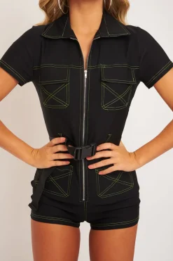 Rebellious Fashion Black Lime Contrast Stitch Utility Belted Playsuit - Mina