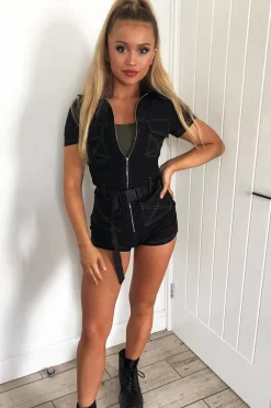 Rebellious Fashion Black Lime Contrast Stitch Utility Belted Playsuit - Mina