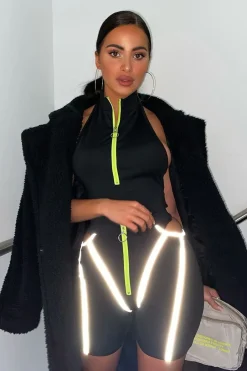 Rebellious Fashion Black Lime Ring Zip Cycling Short Bodysuit Co-ord - Issi