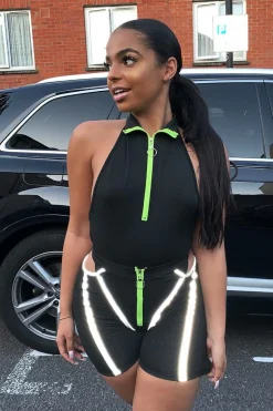Rebellious Fashion Black Lime Ring Zip Cycling Short Bodysuit Co-ord - Issi