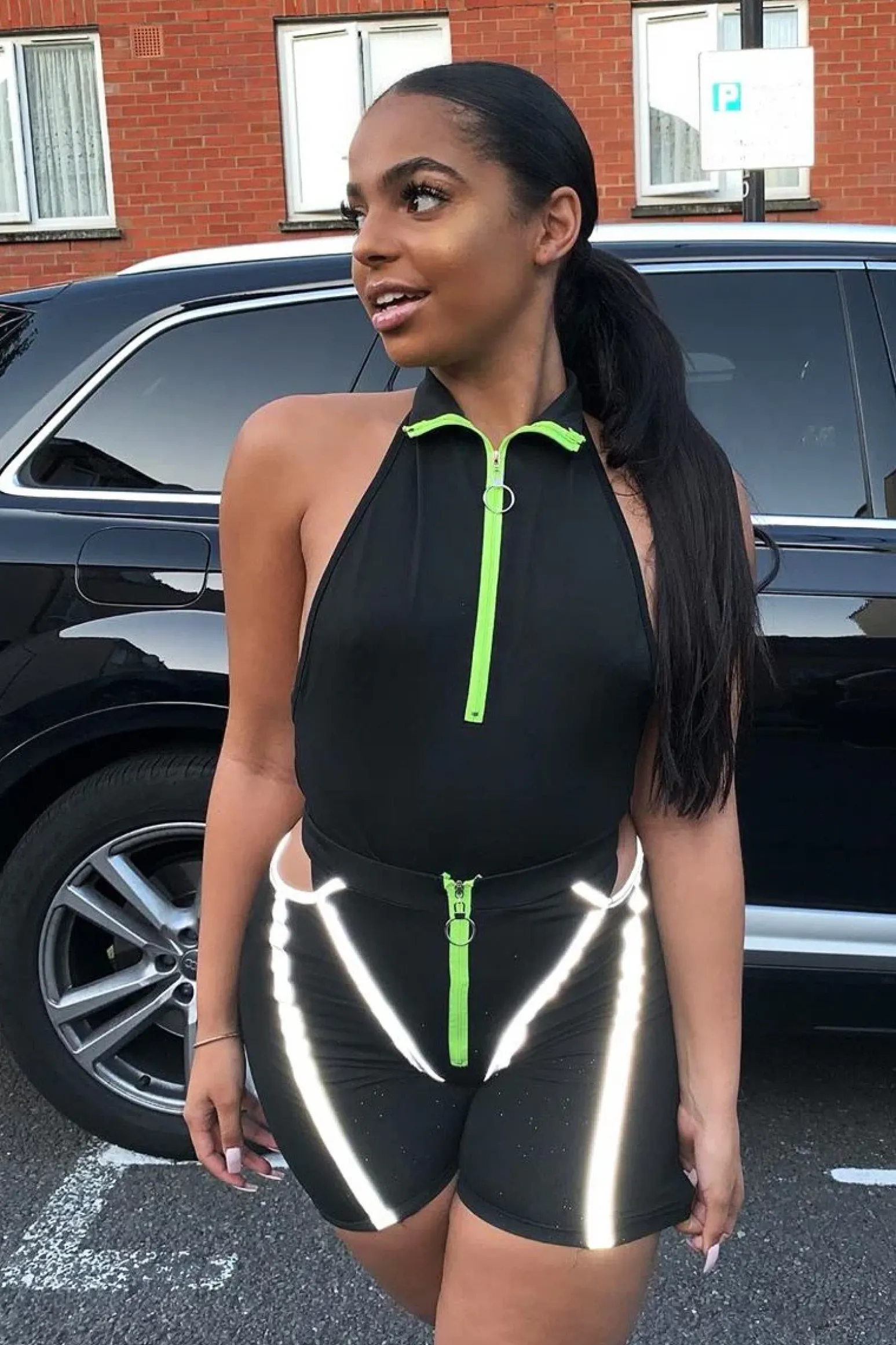 Rebellious Fashion Black Lime Ring Zip Cycling Short Bodysuit Co-ord - Issi