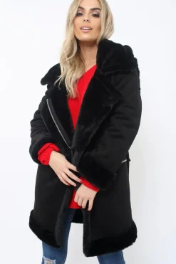 Rebellious Fashion Black Long Faux Shearling Coat - Chai