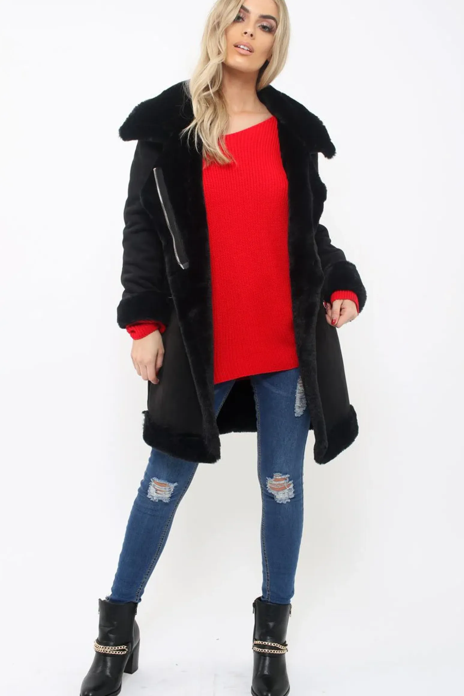 Rebellious Fashion Black Long Faux Shearling Coat - Chai