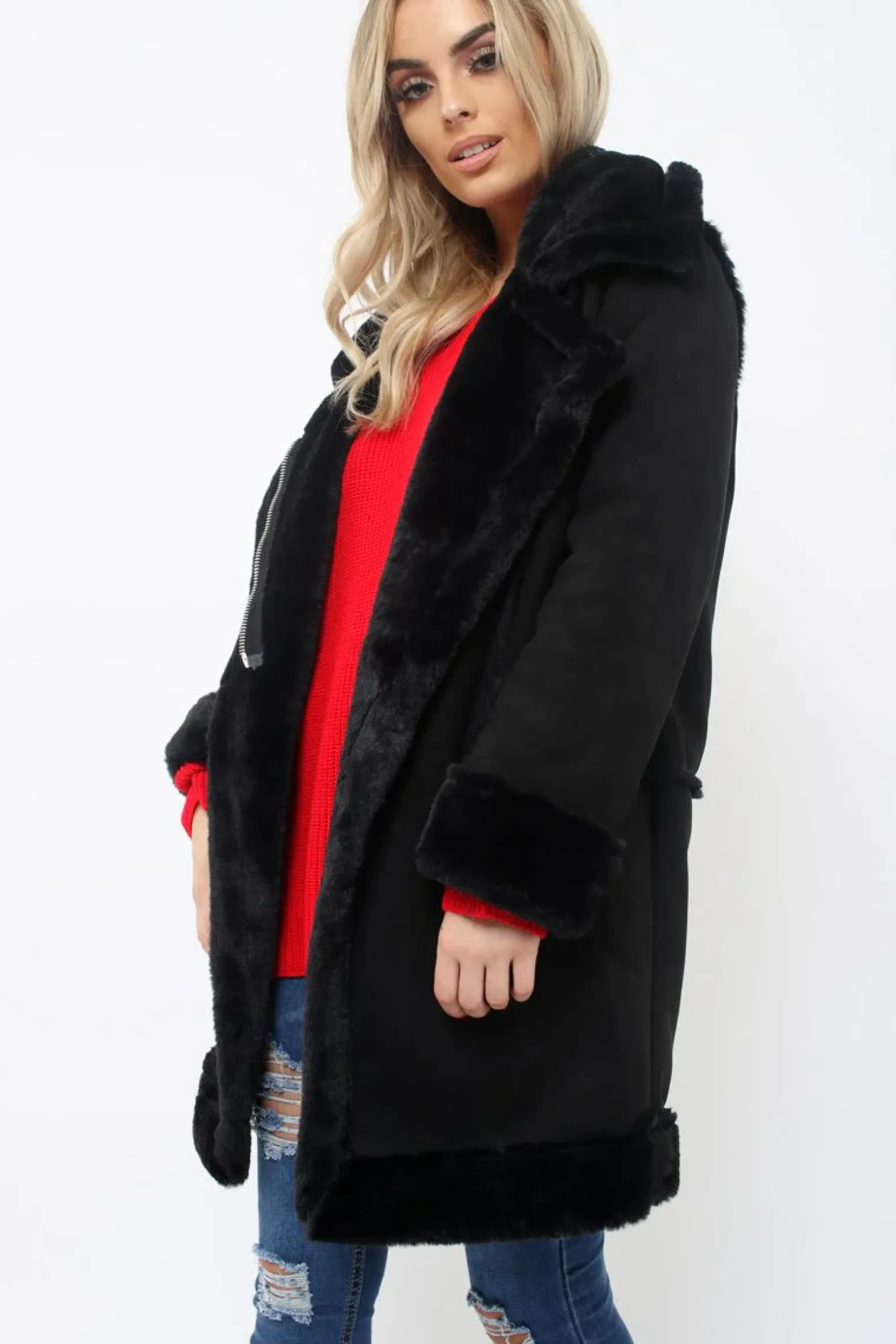 Rebellious Fashion Black Long Faux Shearling Coat - Chai