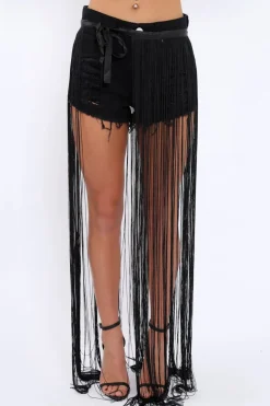 Rebellious Fashion Black Long Length Tassel Skirt - Delina