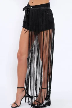 Rebellious Fashion Black Long Length Tassel Skirt - Delina