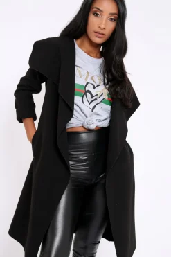 Rebellious Fashion Black Long Length Waterfall Belted Coat - Cindy