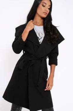 Rebellious Fashion Black Long Length Waterfall Belted Coat - Cindy
