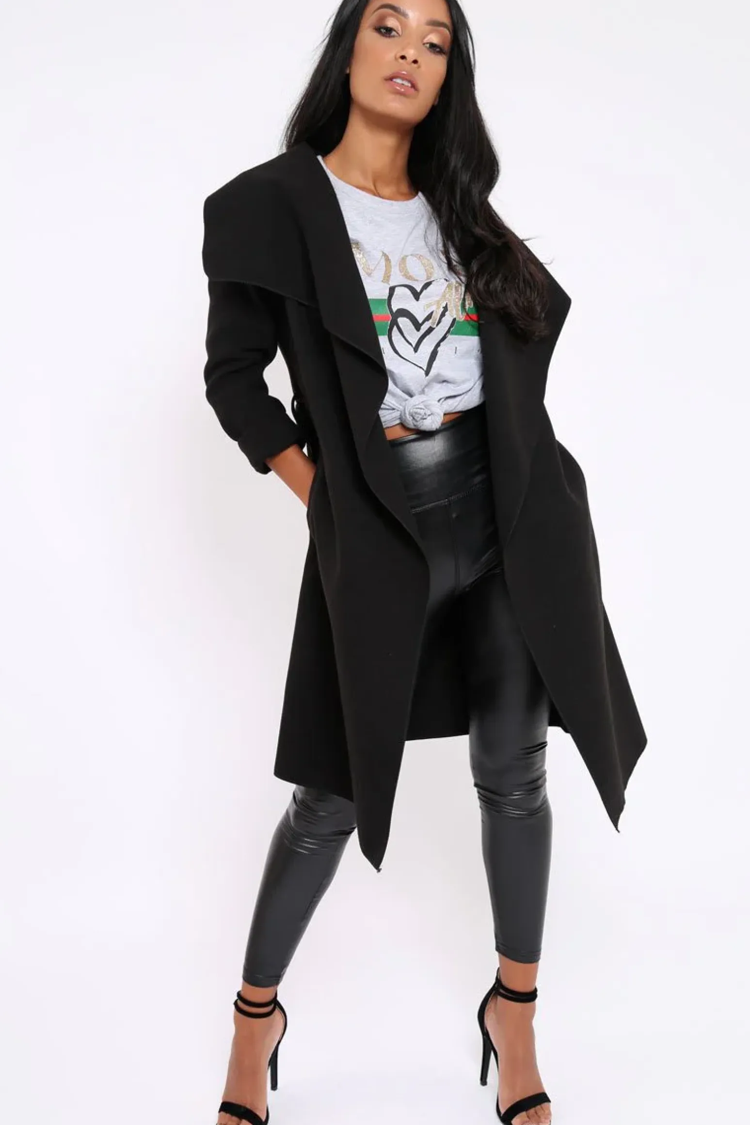 Rebellious Fashion Black Long Length Waterfall Belted Coat - Cindy