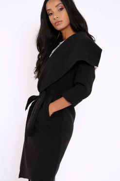Rebellious Fashion Black Long Length Waterfall Belted Coat - Cindy