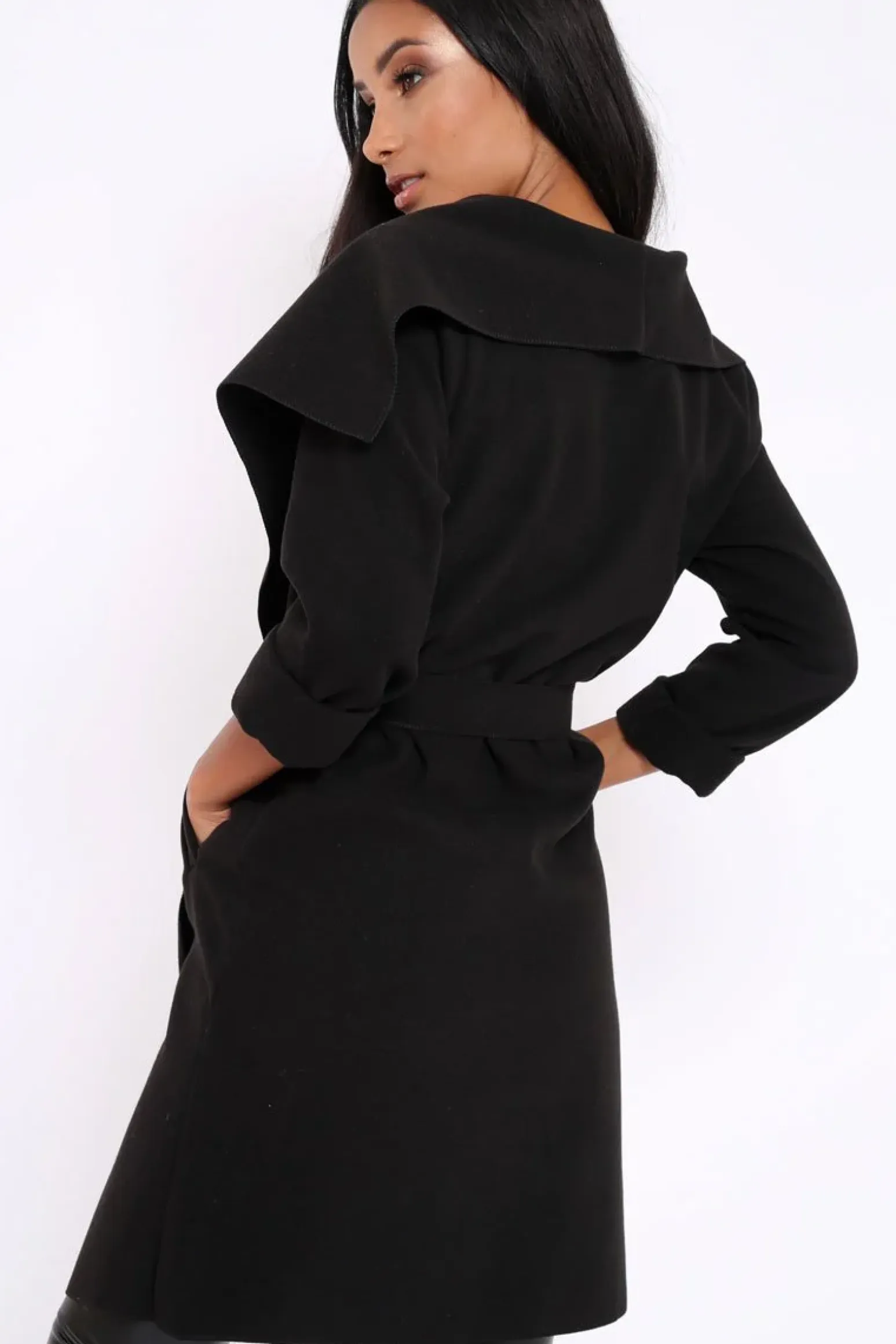 Rebellious Fashion Black Long Length Waterfall Belted Coat - Cindy