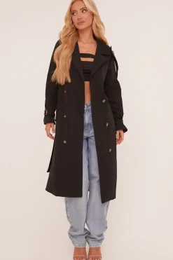 Rebellious Fashion Black Longline Belt Detail Button Front Trench Coat - Melony