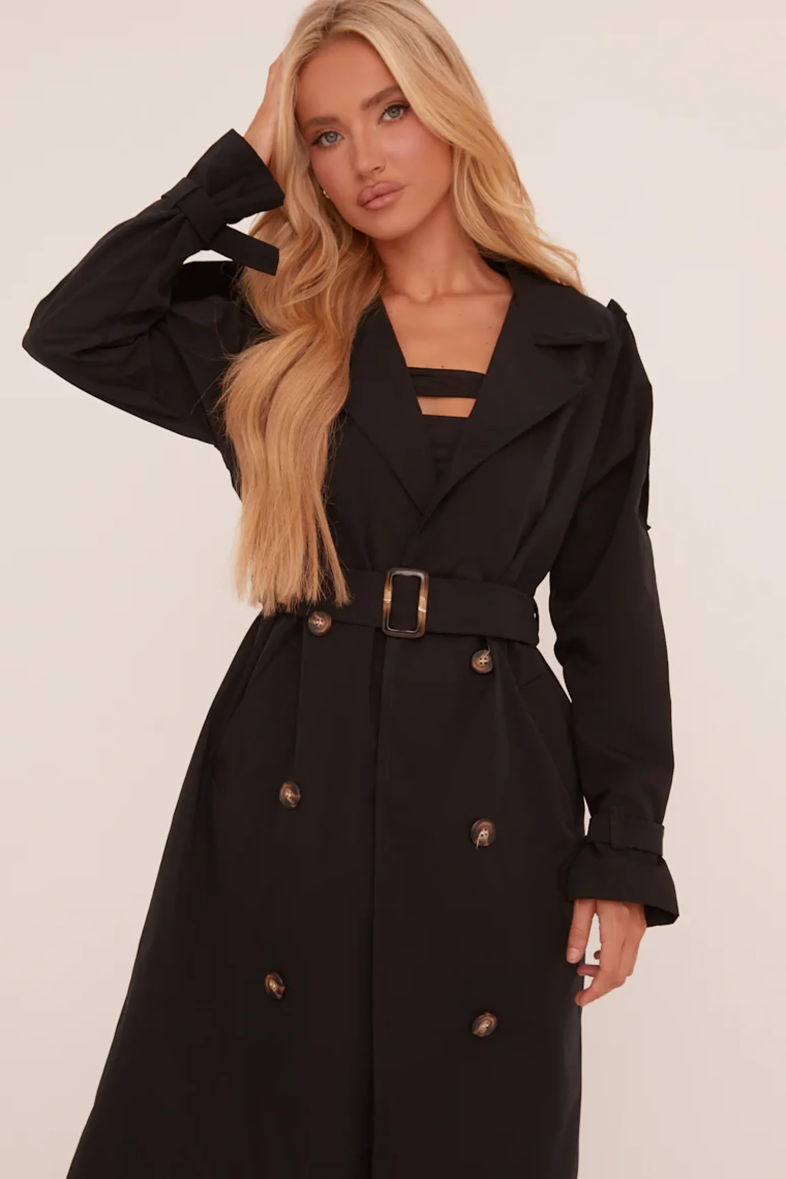 Rebellious Fashion Black Longline Belt Detail Button Front Trench Coat - Melony