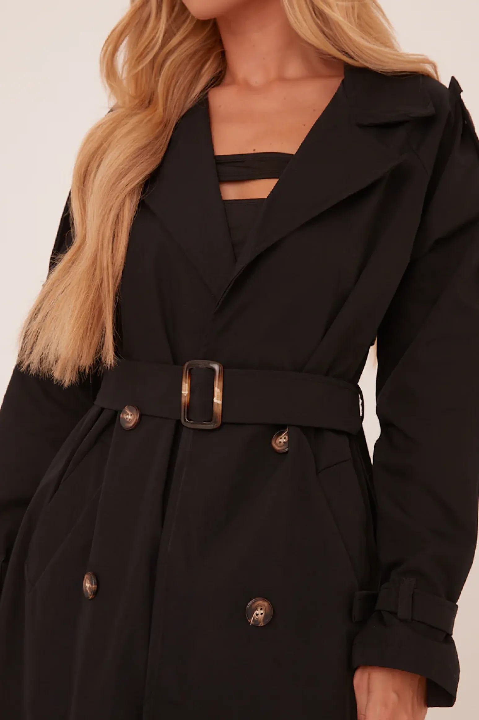 Rebellious Fashion Black Longline Belt Detail Button Front Trench Coat - Melony