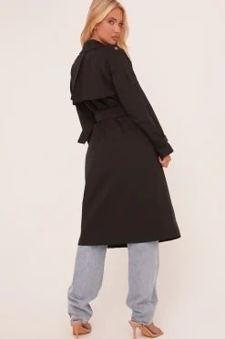 Rebellious Fashion Black Longline Belt Detail Button Front Trench Coat - Melony