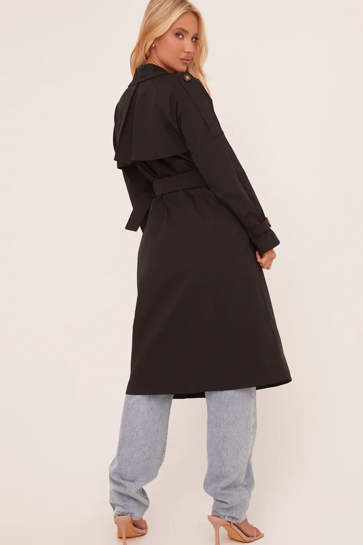 Rebellious Fashion Black Longline Belt Detail Button Front Trench Coat - Melony