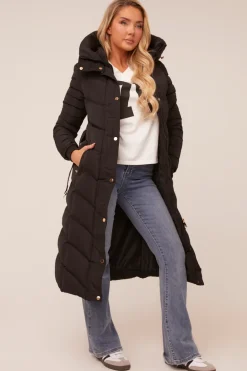 Rebellious Fashion Black Longline Hooded Puffer Jacket - Shauna
