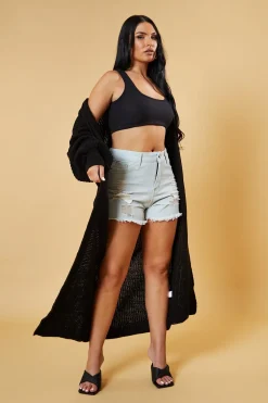 Rebellious Fashion Black Longline Knit Maxi Cardigan - Ema