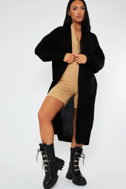 Rebellious Fashion Black Longline Relaxed Fit Front Pockets Cardigan - Leah