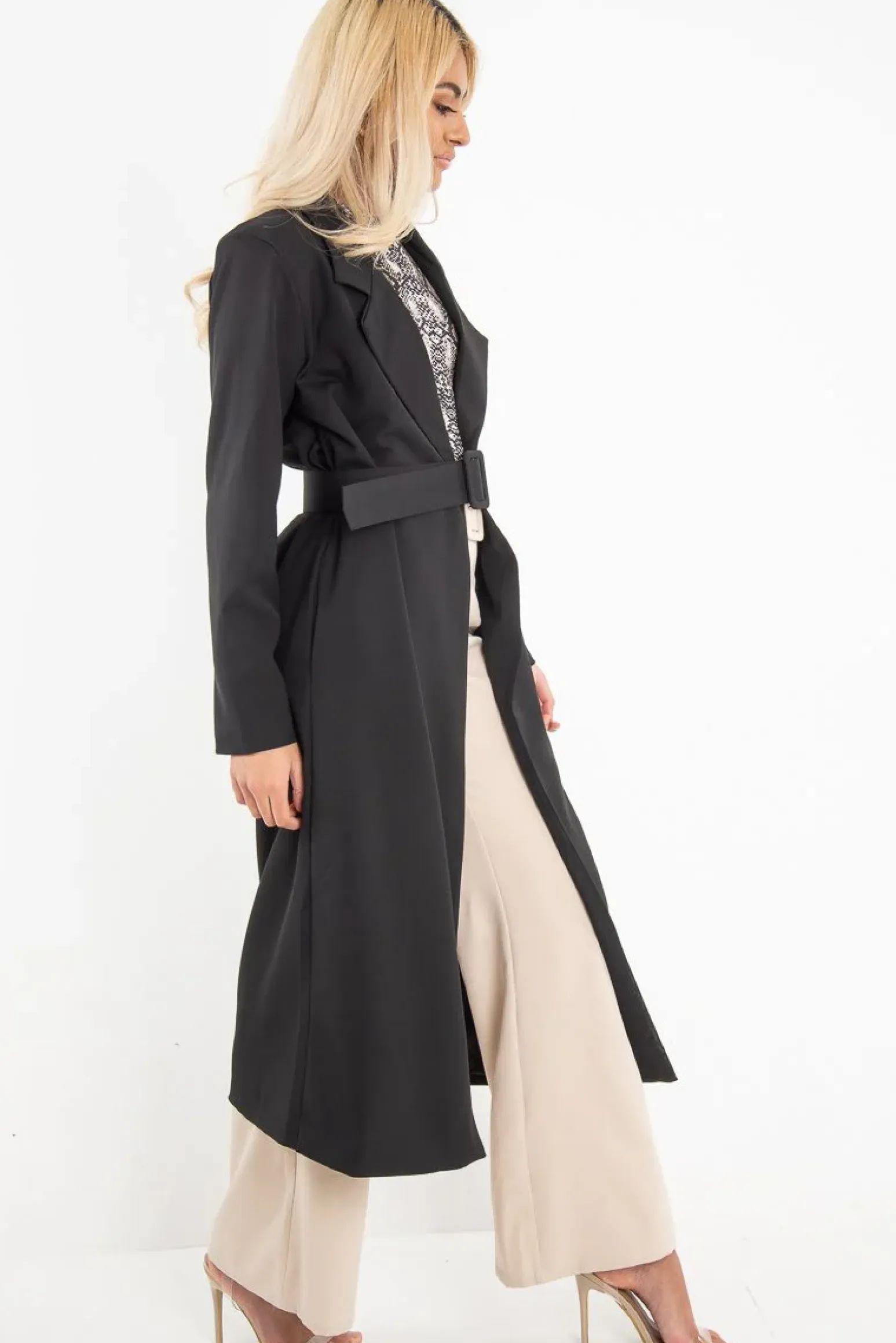 Rebellious Fashion Black Longline Tailored Belted Coat - Joelle