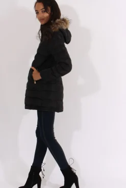 Rebellious Fashion Black Long Quilted Coat with Faux Fur Hood - Calypso
