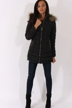 Rebellious Fashion Black Long Quilted Coat with Faux Fur Hood - Calypso