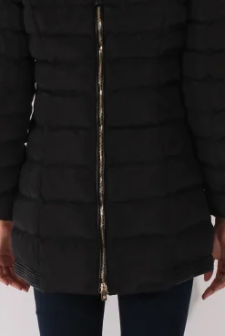 Rebellious Fashion Black Long Quilted Coat with Faux Fur Hood - Calypso