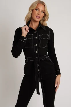 Rebellious Fashion Black Long Sleeve Contrast Stitch Jumpsuit - Jan
