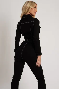 Rebellious Fashion Black Long Sleeve Contrast Stitch Jumpsuit - Jan