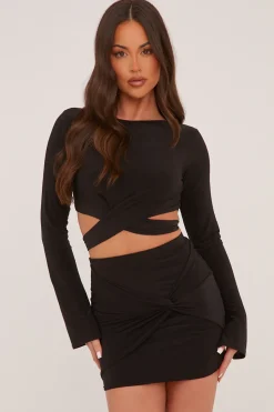 Rebellious Fashion Black Long Sleeve Cropped Top & Twist Detail Mini Skirt Co-ord Set - Lunaa