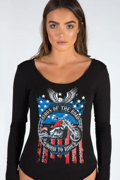 Rebellious Fashion Black Long Sleeved Graphic Print Bodysuit - Sofia