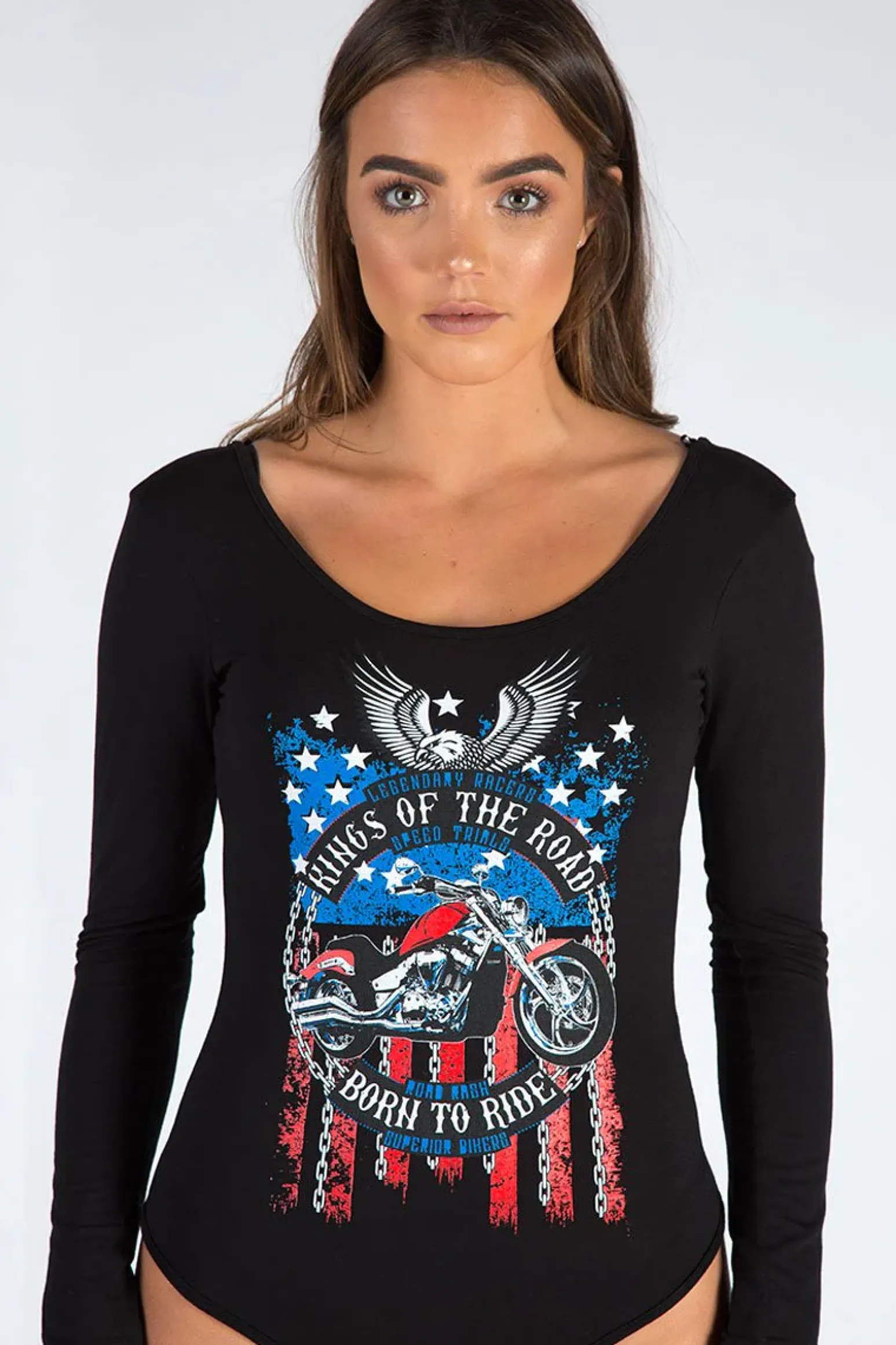 Rebellious Fashion Black Long Sleeved Graphic Print Bodysuit - Sofia