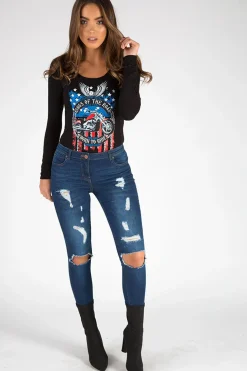 Rebellious Fashion Black Long Sleeved Graphic Print Bodysuit - Sofia