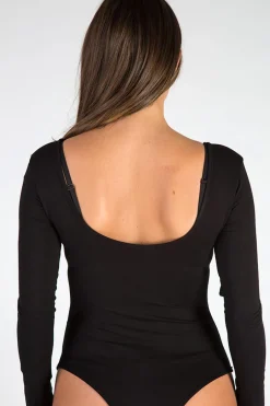 Rebellious Fashion Black Long Sleeved Graphic Print Bodysuit - Sofia