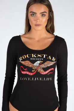 Rebellious Fashion Black Long Sleeved Rockstar Print Bodysuit - Hannah