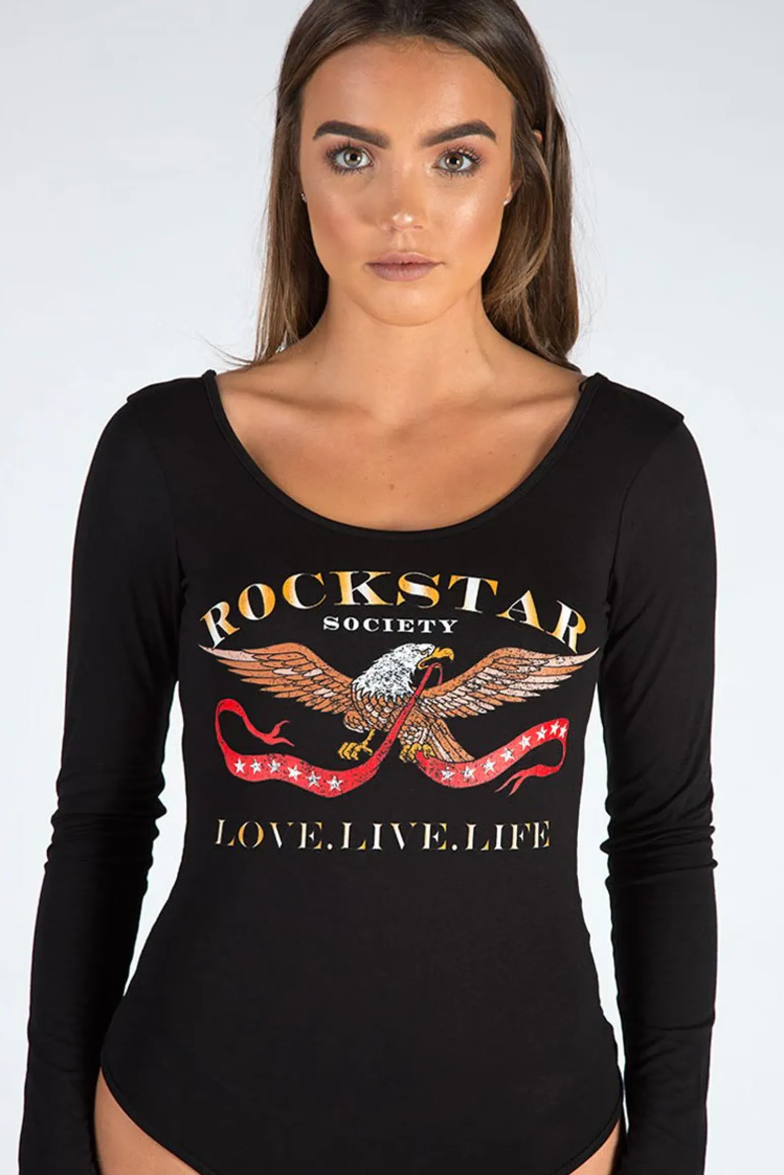 Rebellious Fashion Black Long Sleeved Rockstar Print Bodysuit - Hannah